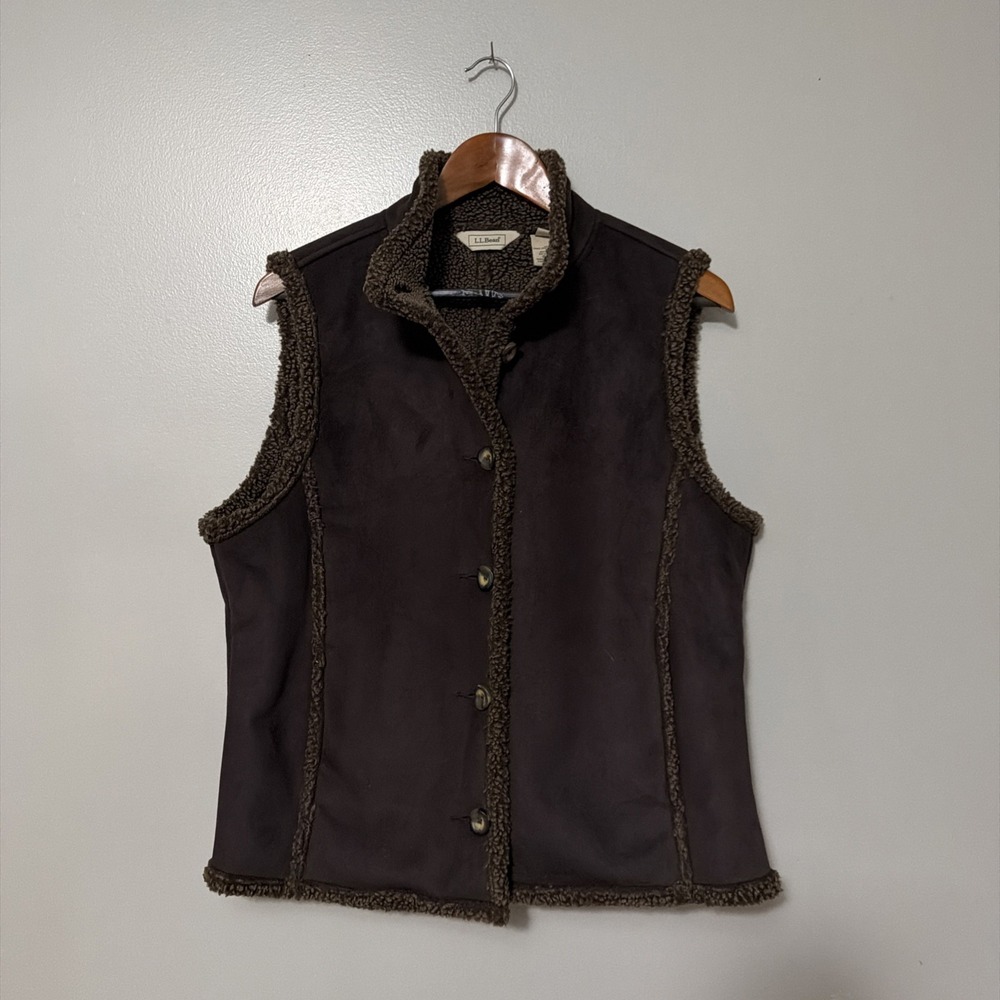 LL Bean Womens Brown Pockets Button-Down Sherpa Lined Vest Size L Winter Cozy